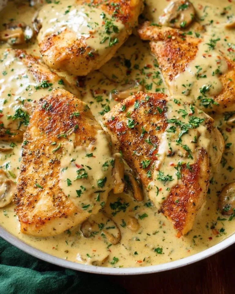Golden-brown chicken breasts coated in a luscious Creamy Dijon Chicken Skillet sauce with mushrooms and fresh herbs.