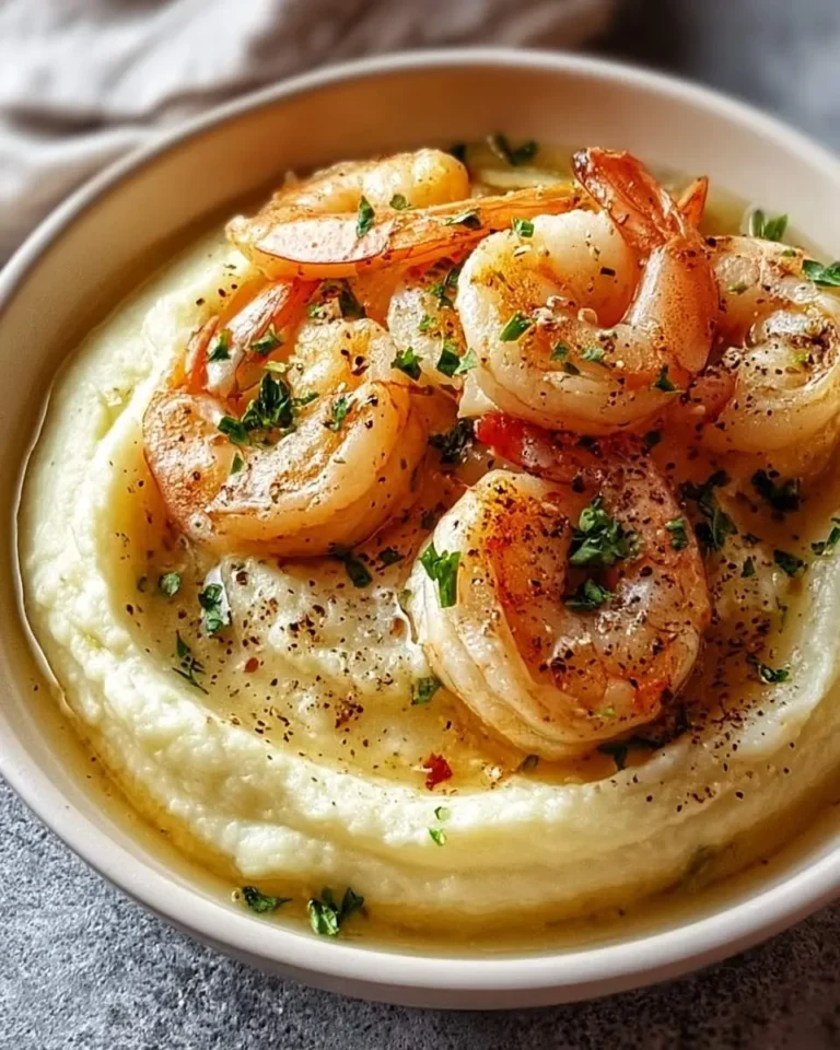 A close-up shot of delicious Creamy Garlic Shrimp Over Mashed Potatoes, garnished with fresh parsley and black pepper in a white bowl.