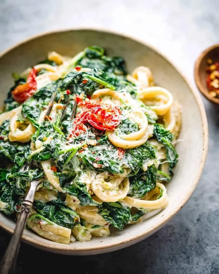 A vibrant bowl of Creamy Kale Pasta with leafy greens, cherry tomatoes, grated cheese, and chili flakes, ready to be eaten with a fork.