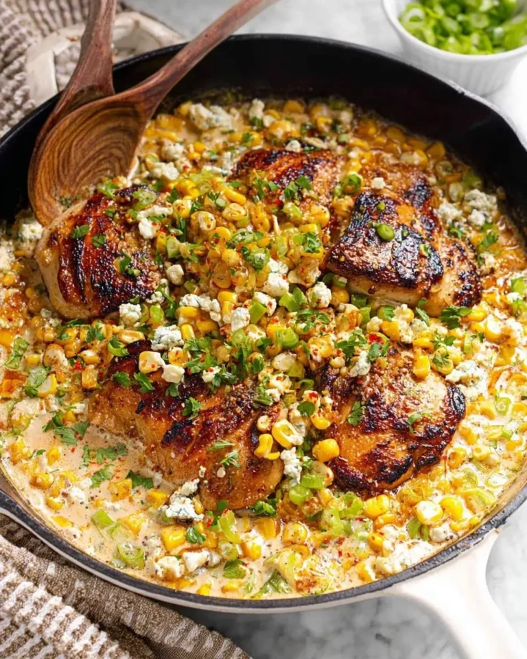 A close-up of a delicious Creamy Street Corn Chicken Skillet in a cast iron pan with seared chicken, corn, blue cheese, and green onions.