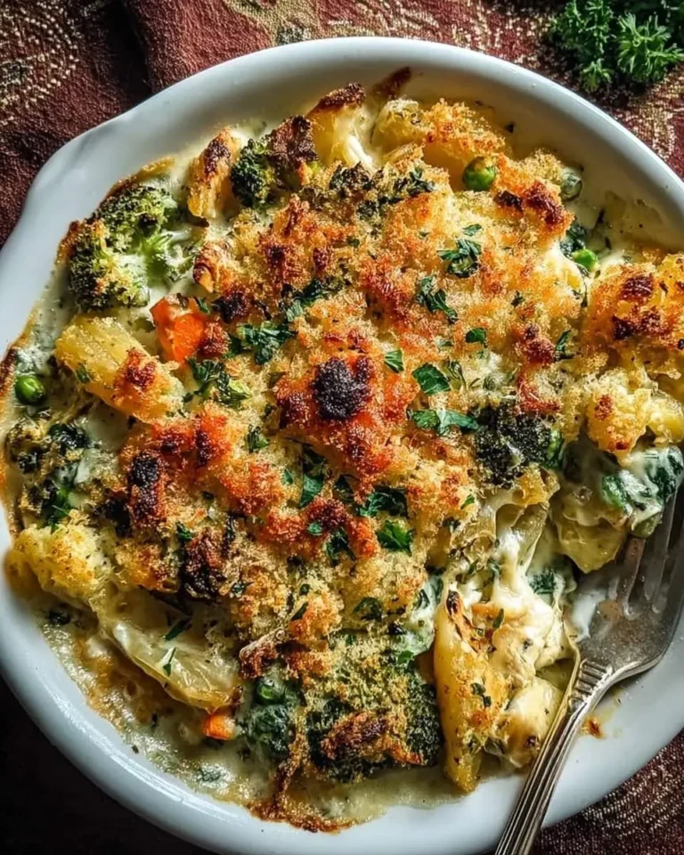 A bubbling golden-brown creamy vegetable casserole in a white baking dish, rich with broccoli, cauliflower, peas, and carrots. A fork is digging in.