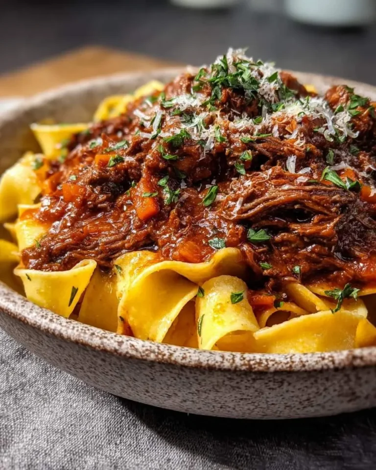 A rustic bowl of wide ribbon pasta generously topped with rich, slow-cooked Crockpot Beef Ragu, garnished with Parmesan and parsley.