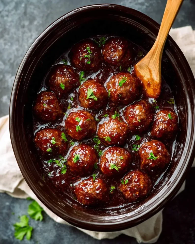 A wooden spoon rests in a slow cooker filled with glistening Crockpot Grape Jelly Meatballs, garnished with fresh parsley.