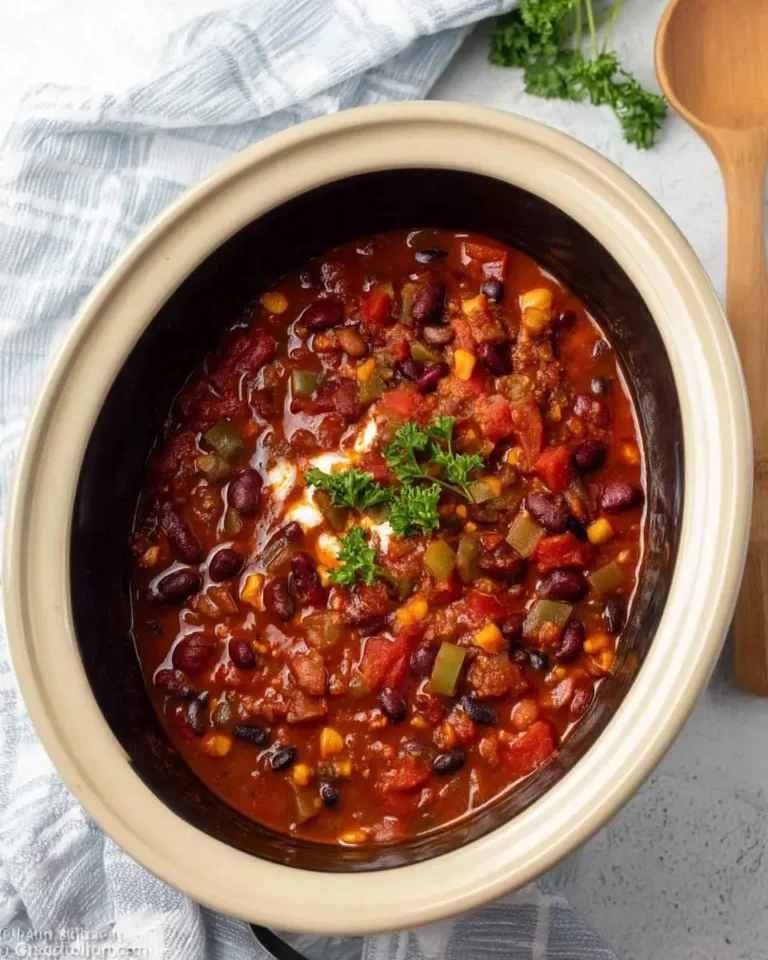 Overhead shot of a delicious Crockpot Vegetarian Chili, garnished with a dollop of sour cream and fresh parsley, in a beige slow cooker.