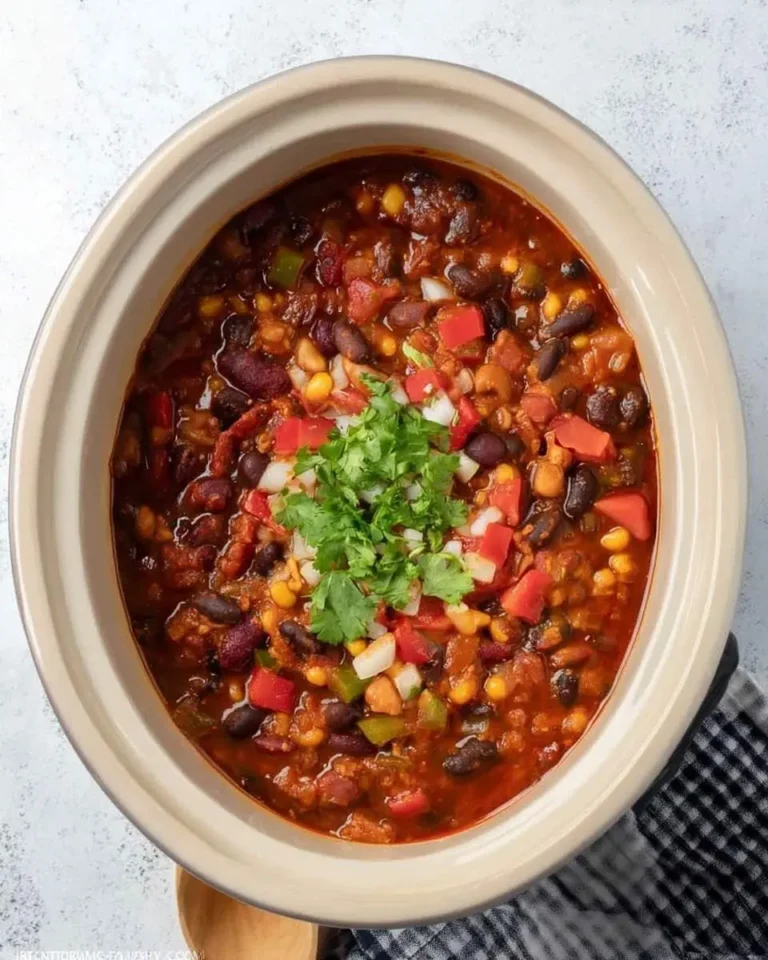 An overhead view of a beige slow cooker filled with vibrant Crockpot Vegetarian Chili, garnished with fresh cilantro, diced red onions, and tomatoes.