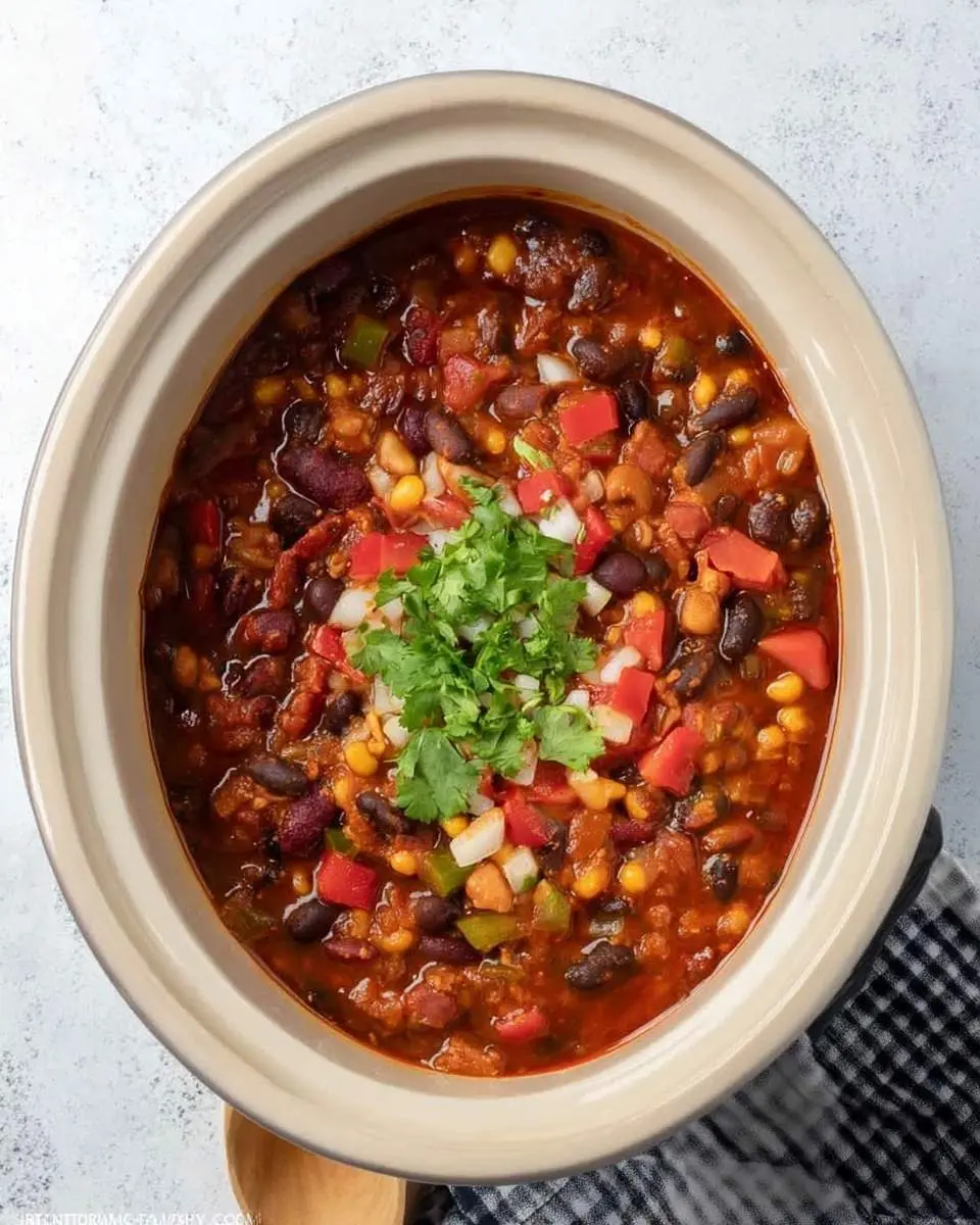 An overhead view of a beige slow cooker filled with vibrant Crockpot Vegetarian Chili, garnished with fresh cilantro, diced red onions, and tomatoes.
