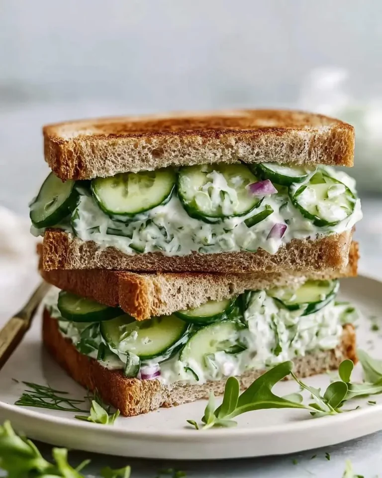A stack of two delicious cucumber salad sandwiches made with toasted bread, creamy filling, and fresh cucumber slices on a plate.