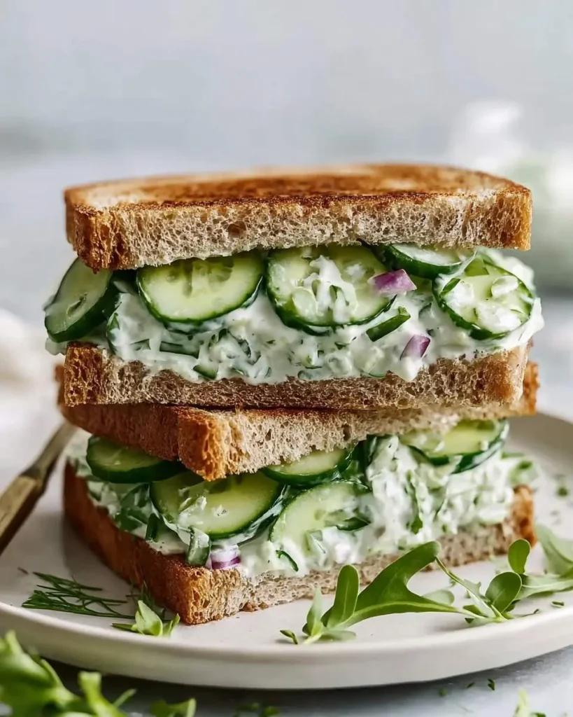 A stack of two delicious cucumber salad sandwiches made with toasted bread, creamy filling, and fresh cucumber slices on a plate.