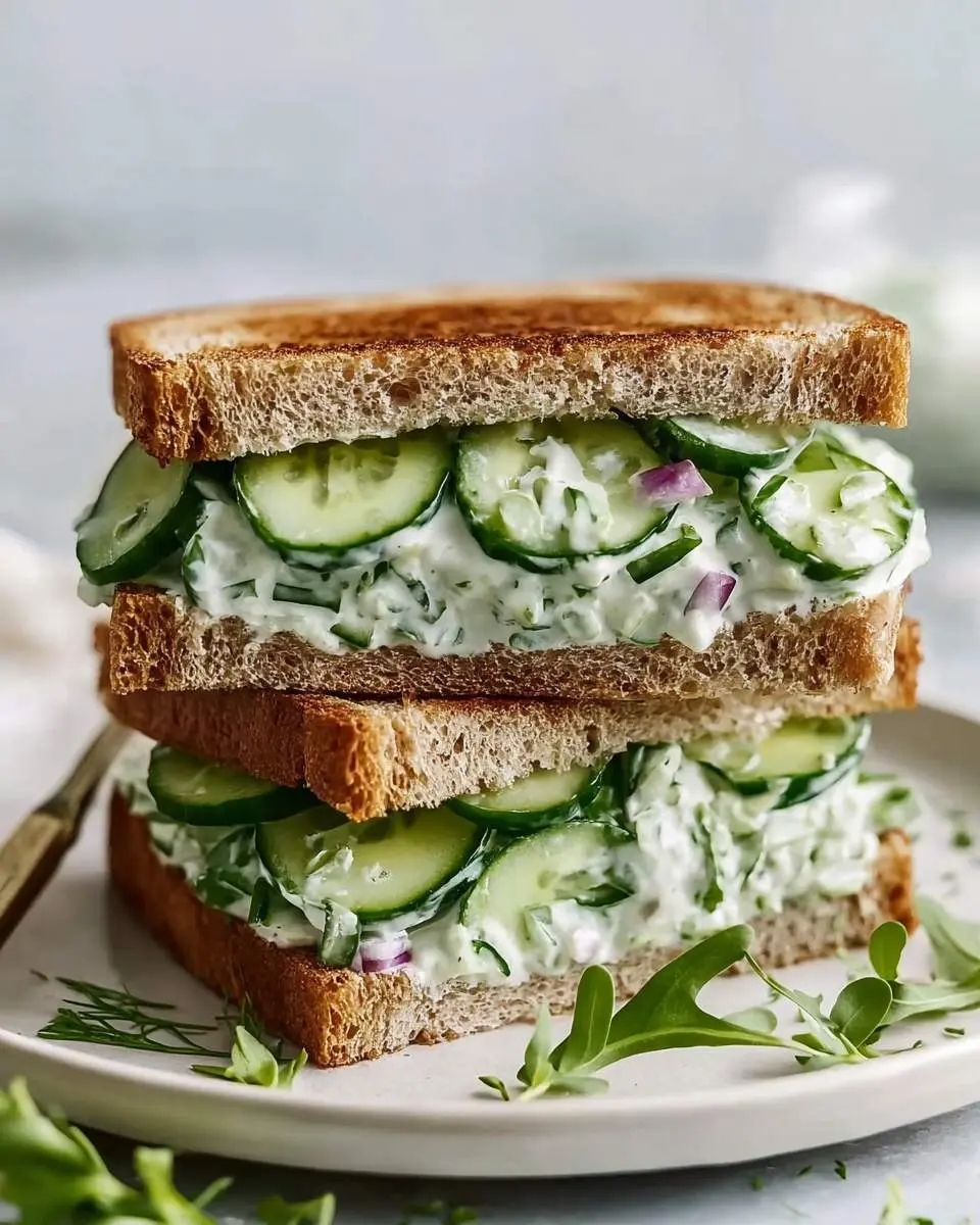 A stack of two delicious cucumber salad sandwiches made with toasted bread, creamy filling, and fresh cucumber slices on a plate.