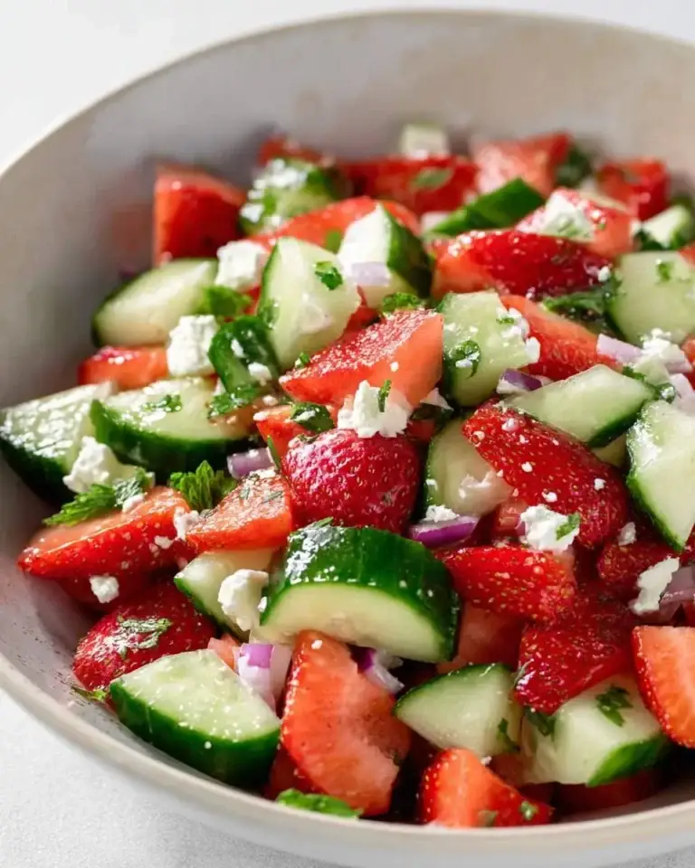 A vibrant Cucumber Strawberry Salad mixed with feta cheese, red onion, and fresh herbs in a white bowl.