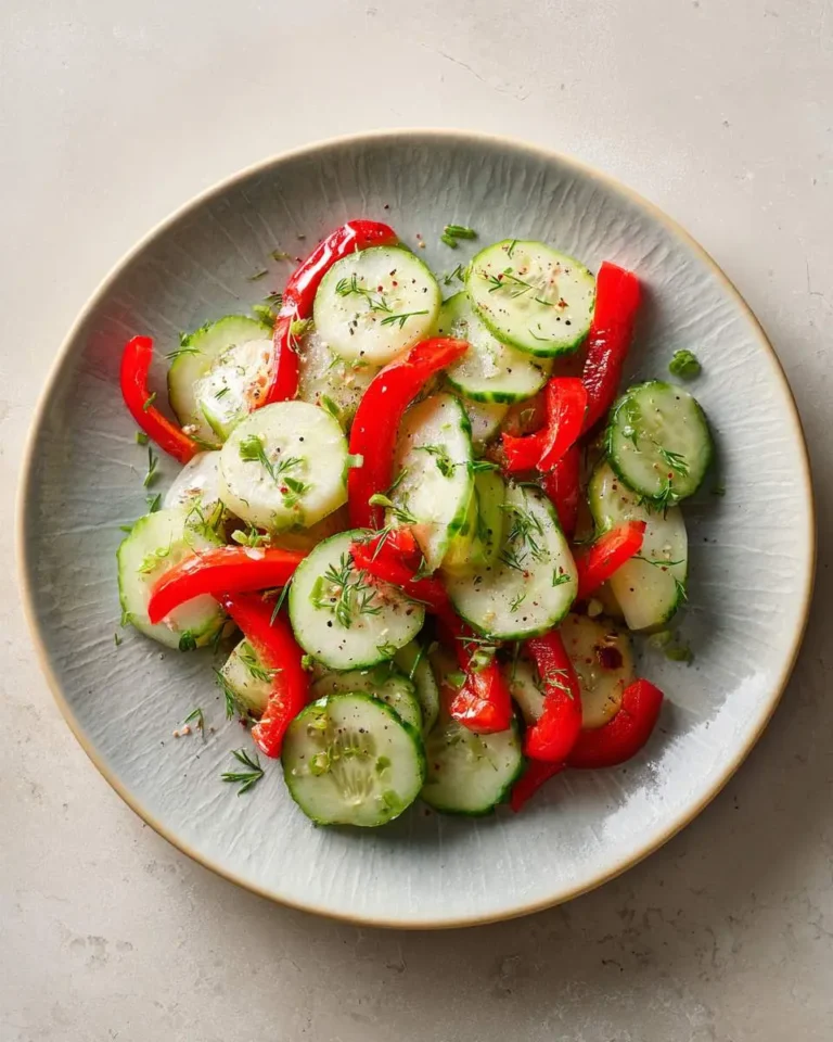 A vibrant Cucumber Sweet Pepper Salad with sliced cucumbers, red bell peppers, and fresh dill on a textured plate.