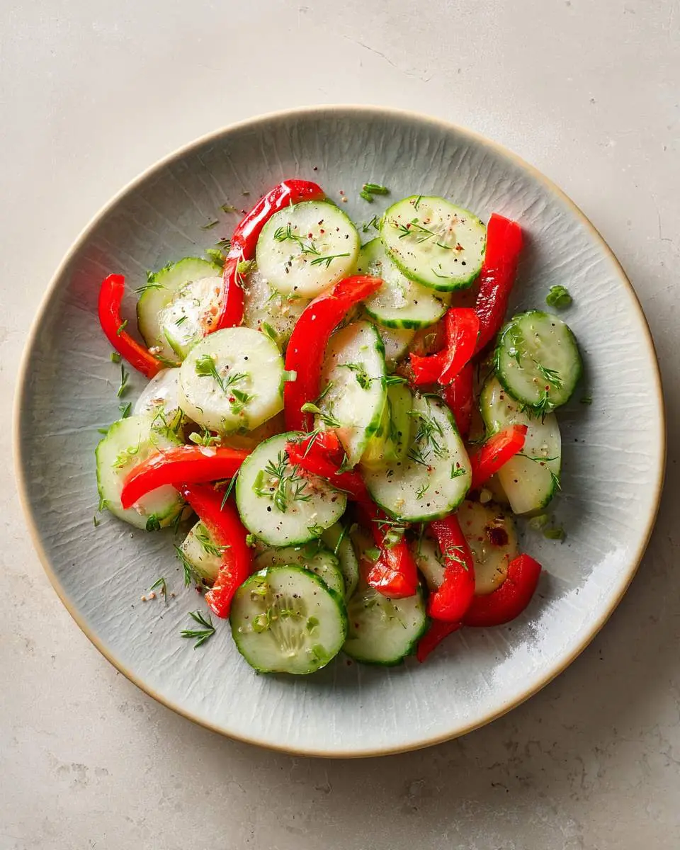A vibrant Cucumber Sweet Pepper Salad with sliced cucumbers, red bell peppers, and fresh dill on a textured plate.