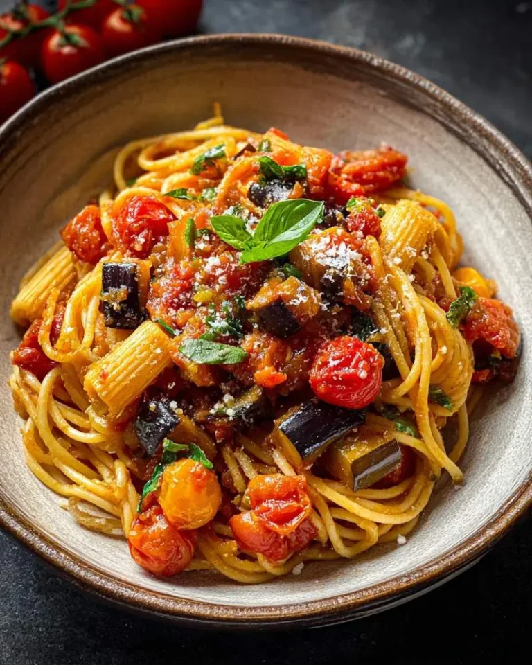 A rustic bowl of al dente spaghetti and rigatoni tossed with a vibrant Eggplant and Fresh Tomato Pasta sauce, garnished with basil and Parmesan.