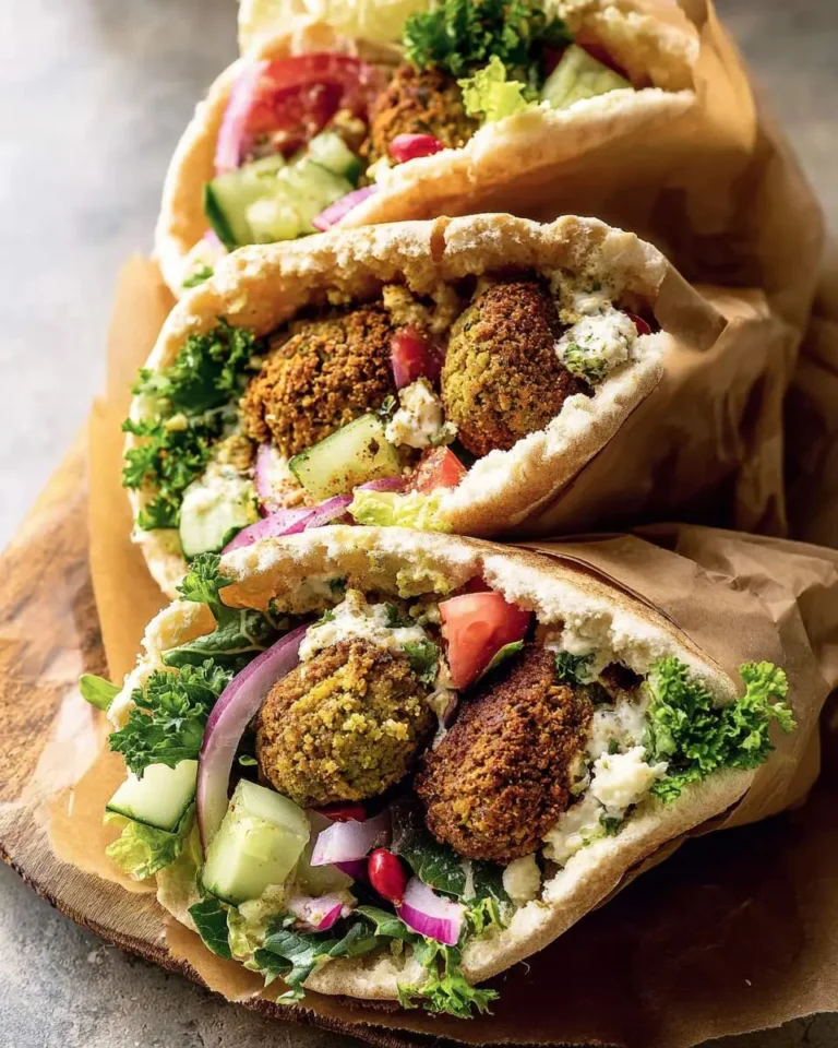 Three delicious Falafel Pita Sandwiches, filled with crispy falafel, fresh vegetables, and creamy sauce, stacked and ready to eat.