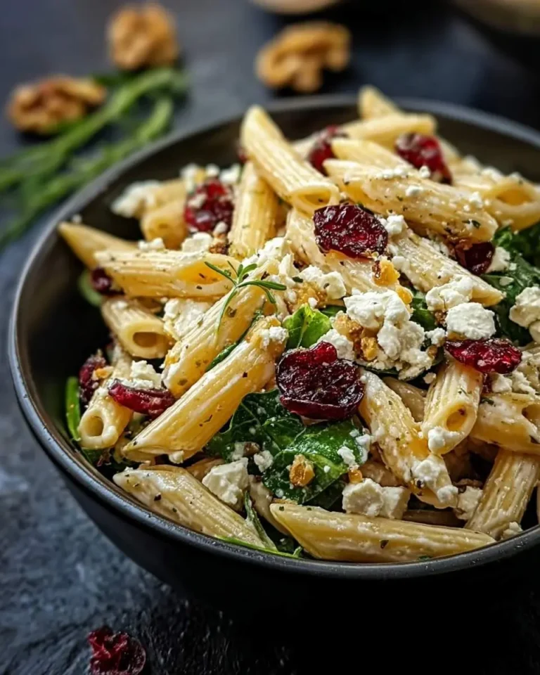 A close-up shot of a dark bowl filled with a delicious Feta and Cranberry Penne Salad, garnished with fresh rosemary.