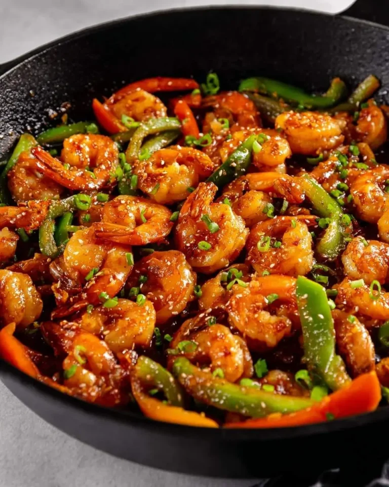 A close-up of glossy Firecracker Shrimp stir-fry with green and red bell peppers, garnished with sesame seeds and scallions in a black skillet.