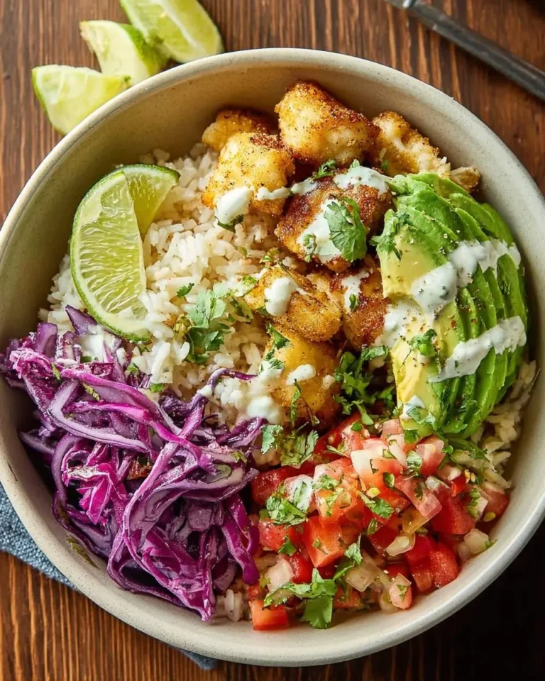 A colorful Fish Taco Bowl showcasing crispy breaded fish, white rice, avocado slices, red cabbage, pico de gallo, and a lime wedge.