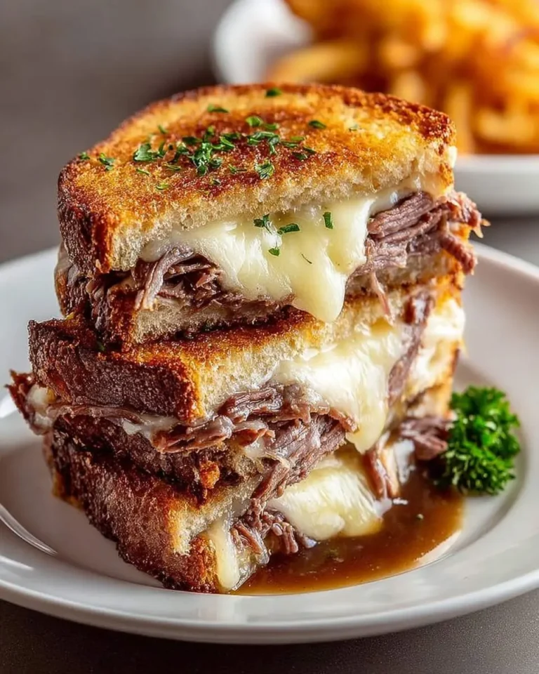 A stack of three golden brown French Dip Grilled Cheese sandwich halves, overflowing with melted cheese and tender beef, with au jus.