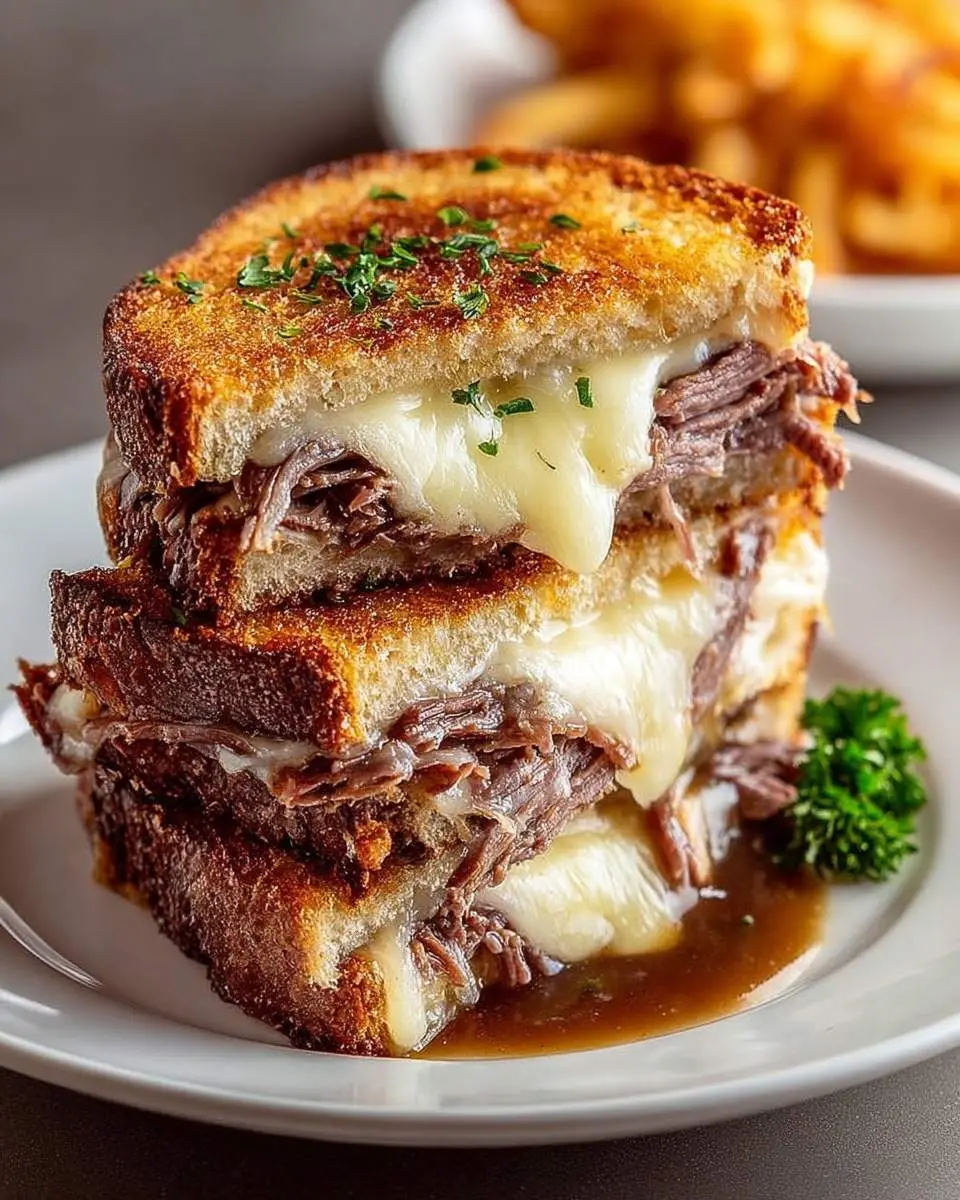 A stack of three golden brown French Dip Grilled Cheese sandwich halves, overflowing with melted cheese and tender beef, with au jus.