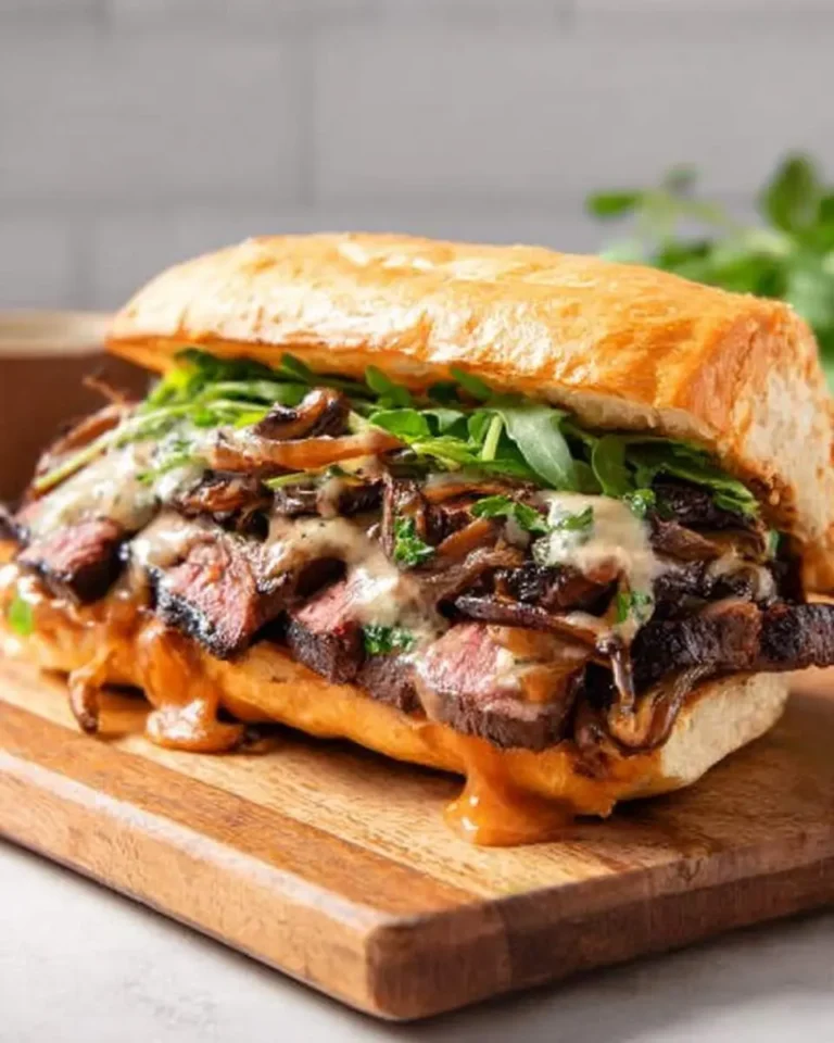 A savory Garlic Butter Ribeye Steak Sandwich, with tender steak, caramelized mushrooms, arugula, and creamy sauce, on a wooden board.