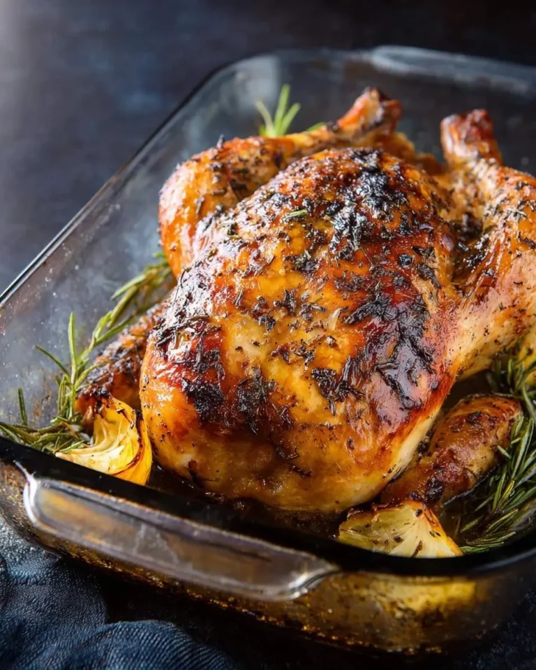 A whole golden-brown Garlic Herb Roast Chicken in a glass baking dish, garnished with fresh rosemary and lemon wedges.