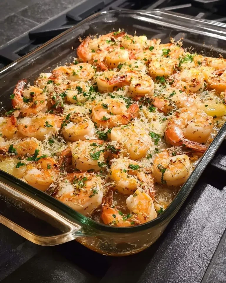 A clear glass baking dish brimming with cooked Garlic Parmesan Roasted Shrimp, garnished with grated cheese and fresh green herbs.