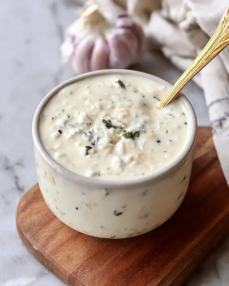 A close-up of a bowl of creamy Garlic Parmesan Sauce with green herbs and small white chunks, garnished with fresh thyme, sitting on a wooden board with garlic in the background.