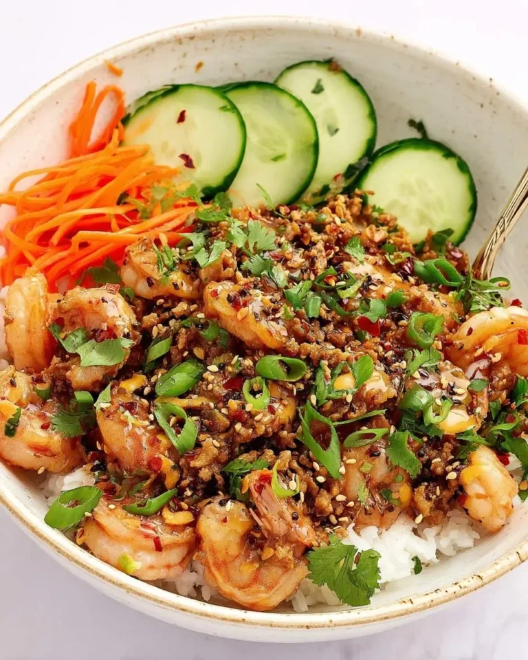 A vibrant garlic shrimp bowl served over white rice with a savory ground topping, fresh cucumbers, shredded carrots, green onions, and cilantro.
