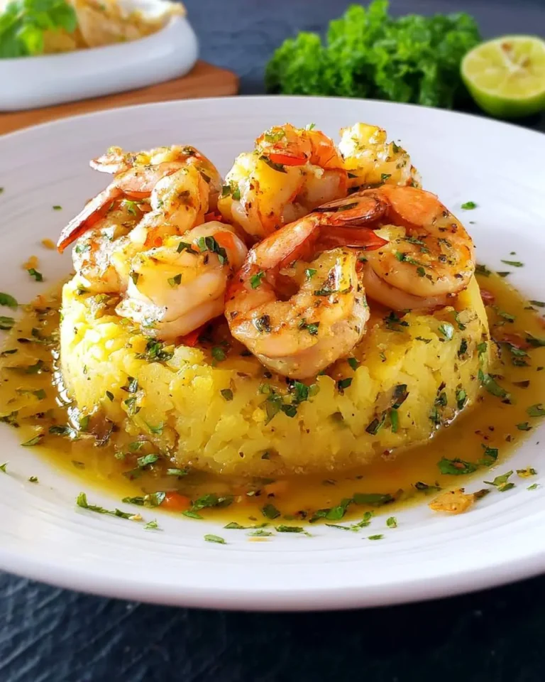 A vibrant plate of Garlic Shrimp Mofongo, featuring succulent seasoned shrimp arranged over a golden plantain mound with a savory herb sauce.