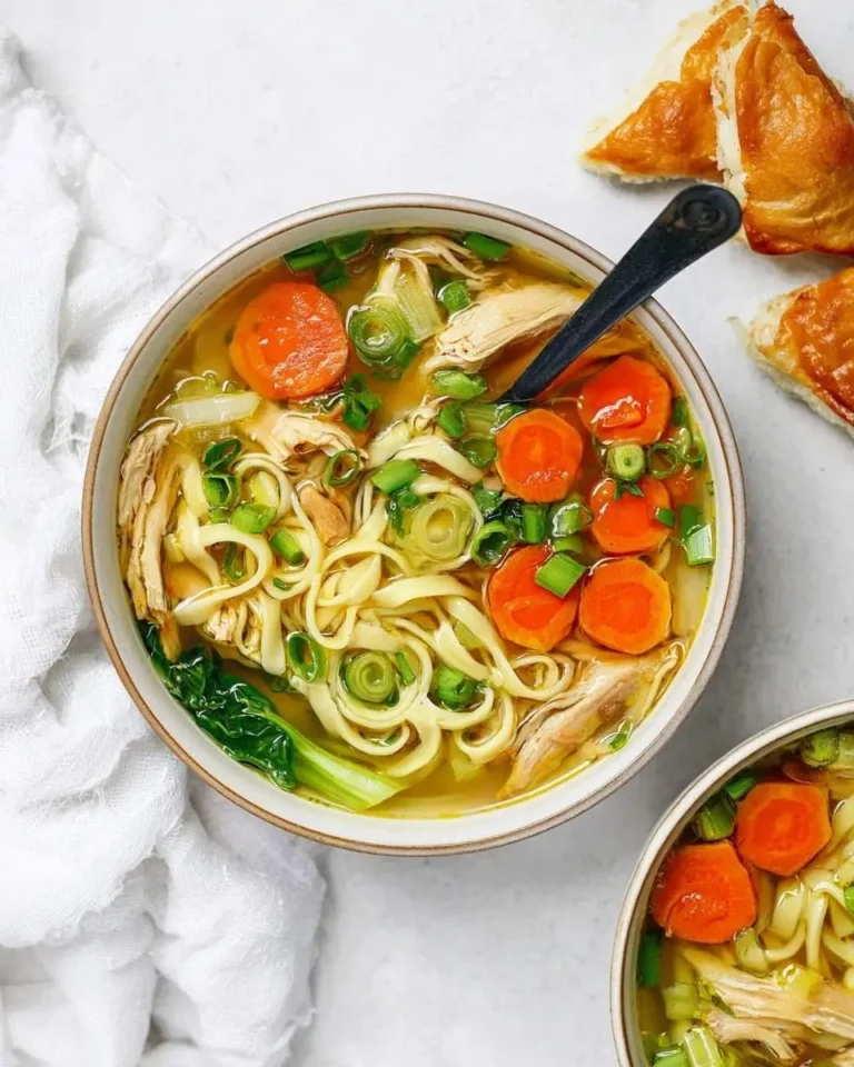 A hearty bowl of Ginger Garlic Chicken Noodle Soup with shredded chicken, carrots, wide noodles, and green onions, served with golden bread.