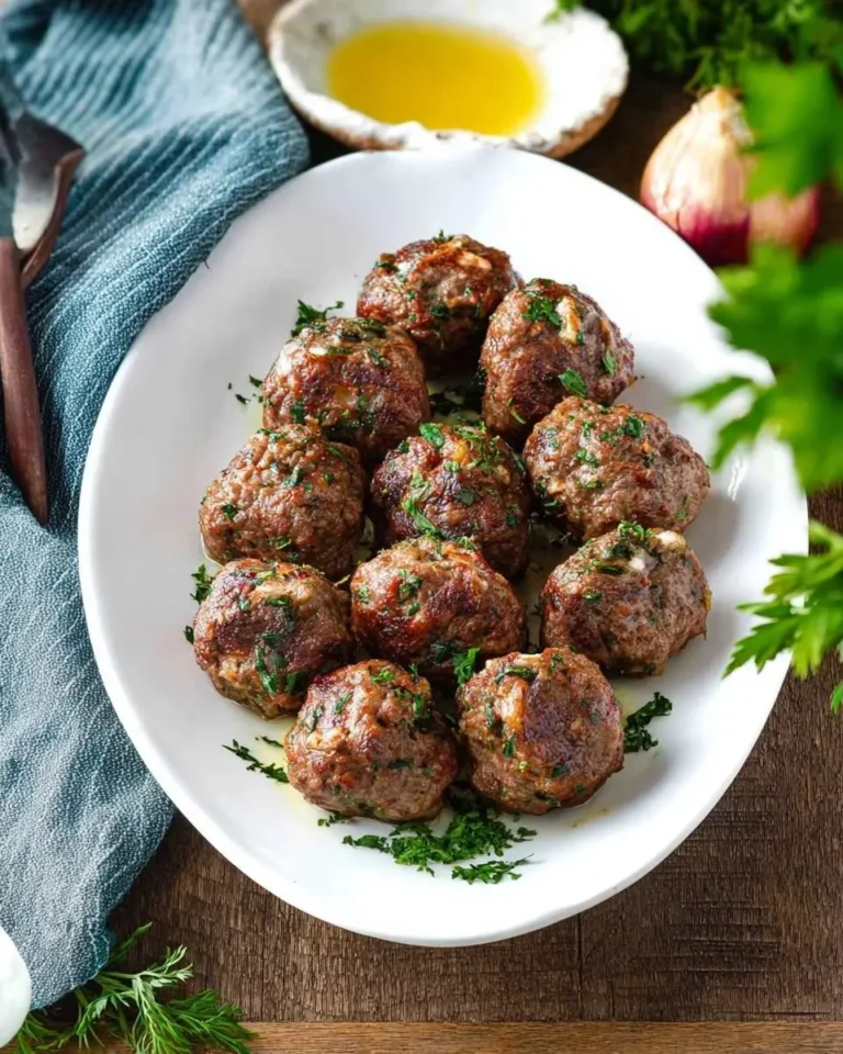A white oval platter showcasing numerous perfectly browned Greek Beef Meatballs, generously garnished with fresh chopped parsley on a wooden table.