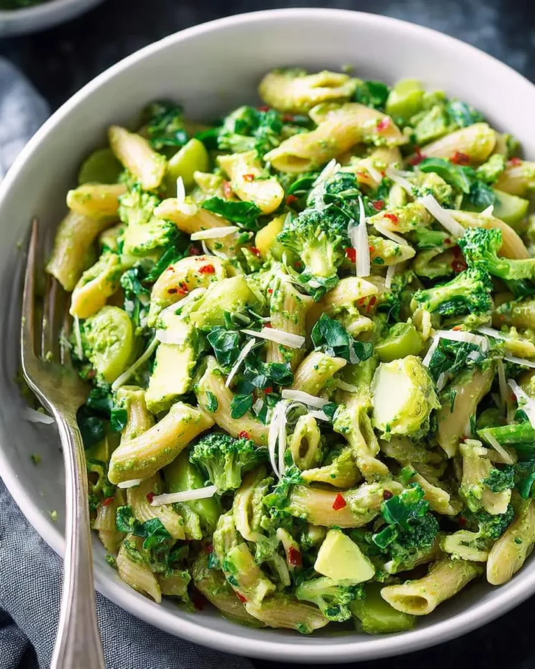 A close-up of a delicious Green Goddess Pasta Salad in a white bowl, featuring penne pasta, broccoli, avocado, and herbs, with a fork.