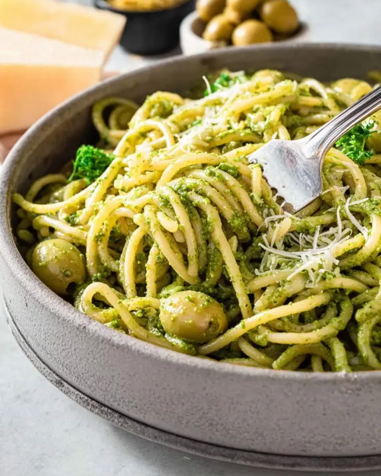 A close-up of bucatini pasta coated in a vibrant green olive pasta sauce, garnished with grated cheese and whole green olives, with a fork digging in.