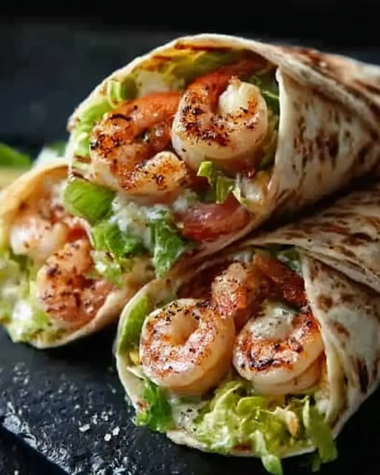 Two enticing grilled shrimp caesar wraps, brimming with seasoned shrimp, crisp lettuce, and a creamy dressing, rest on a dark platter.