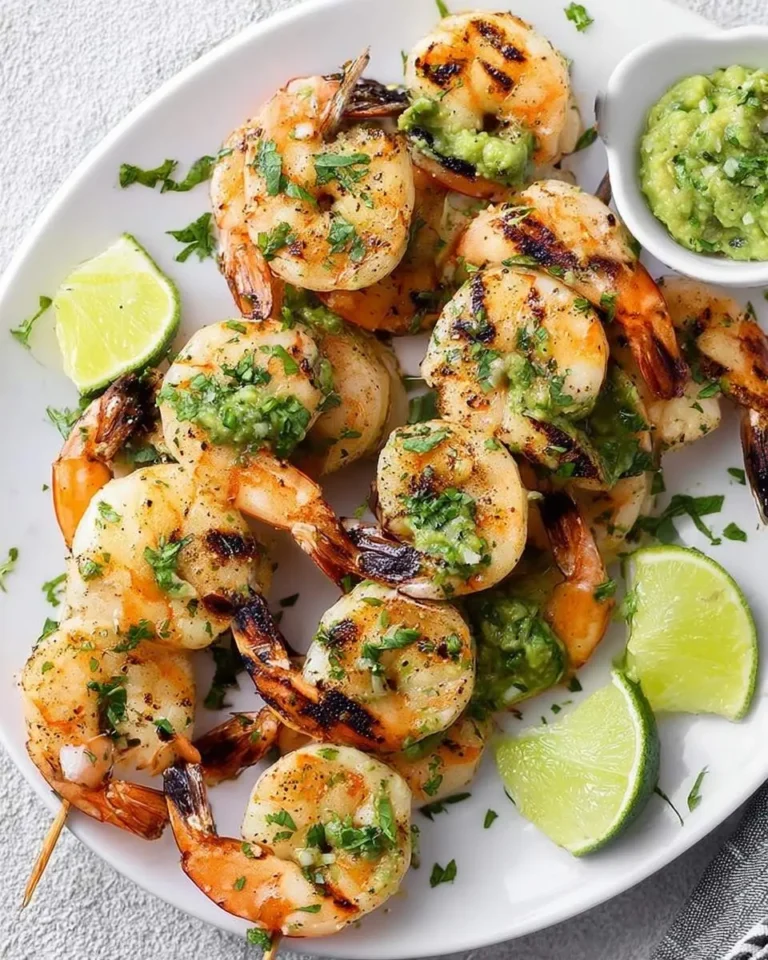 A white platter filled with succulent grilled shrimp with avocado, garnished with fresh cilantro and bright lime wedges.