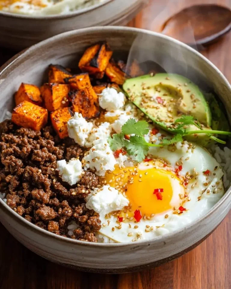 A delicious Ground Beef Hot Honey Bowl featuring savory ground beef, roasted sweet potatoes, avocado slices, a fried egg, and feta cheese over rice.