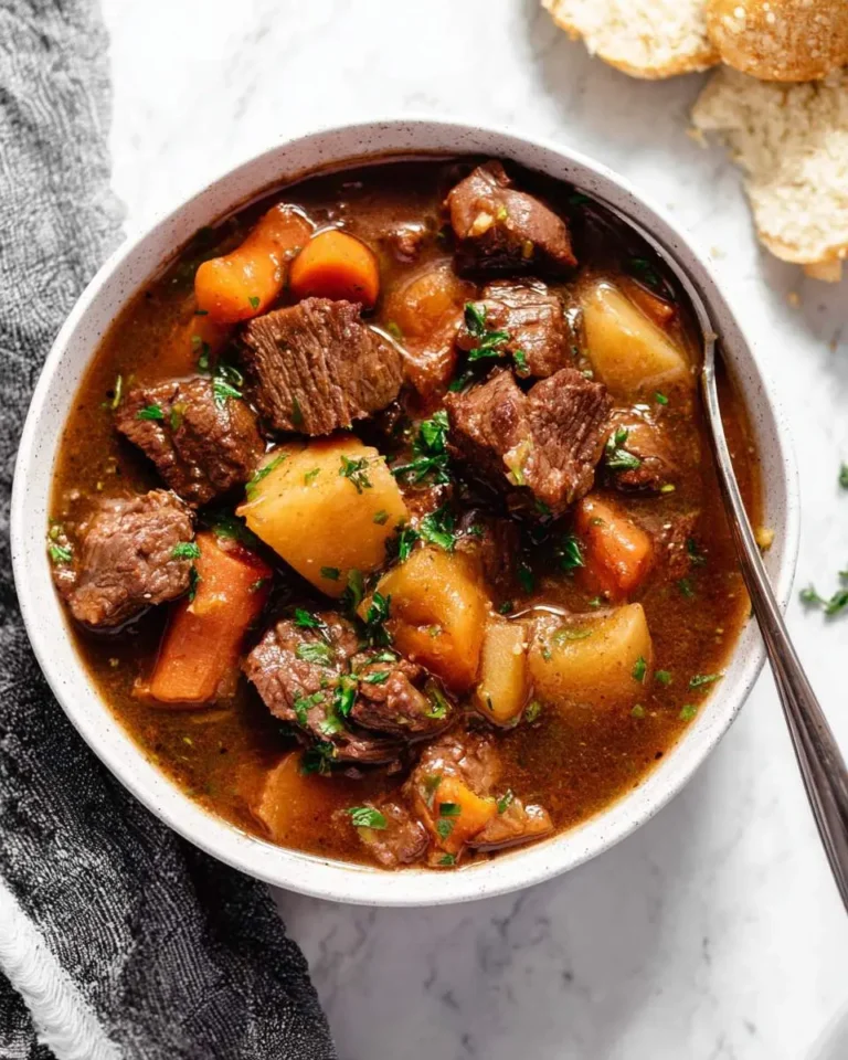 A hearty bowl of guinness beef stew with tender beef chunks, carrots, and potatoes, garnished with fresh parsley, served with bread.