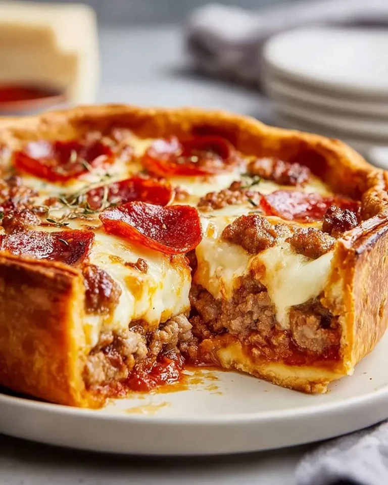 A close-up of a cut Hamburger Beef Sausage & Pepperoni Pie, revealing its thick layers of meat, cheese, and sauce, with a golden crust.