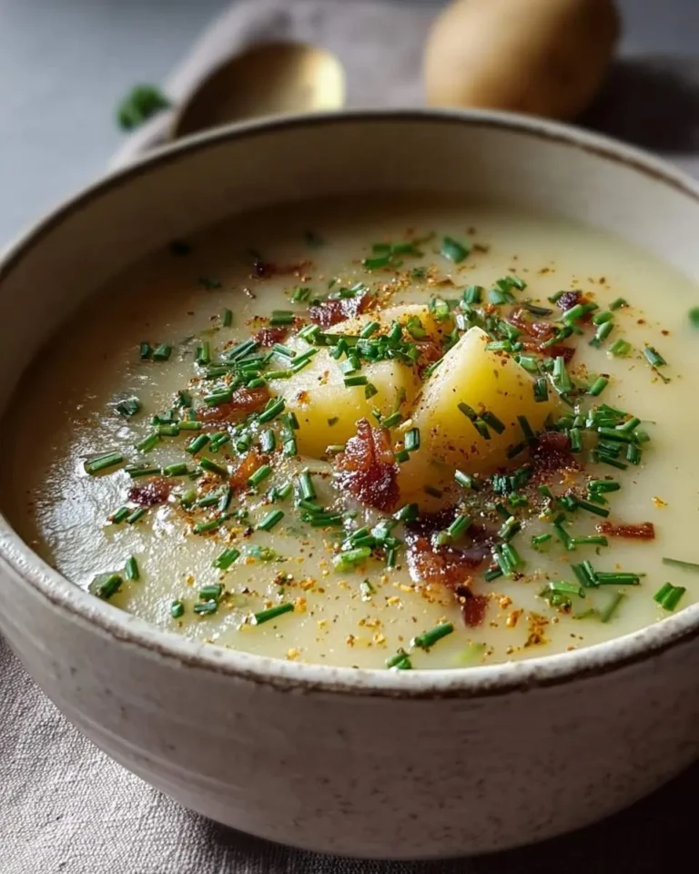 A creamy bowl of Hangover Cure Garlic Potato Soup, garnished with fresh chives, crispy bacon bits, and a sprinkle of spices.