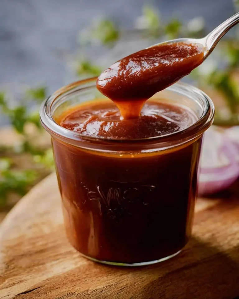 A spoonful of thick, glossy Homemade BBQ Sauce drips into a clear glass jar, resting on a rustic wooden cutting board.