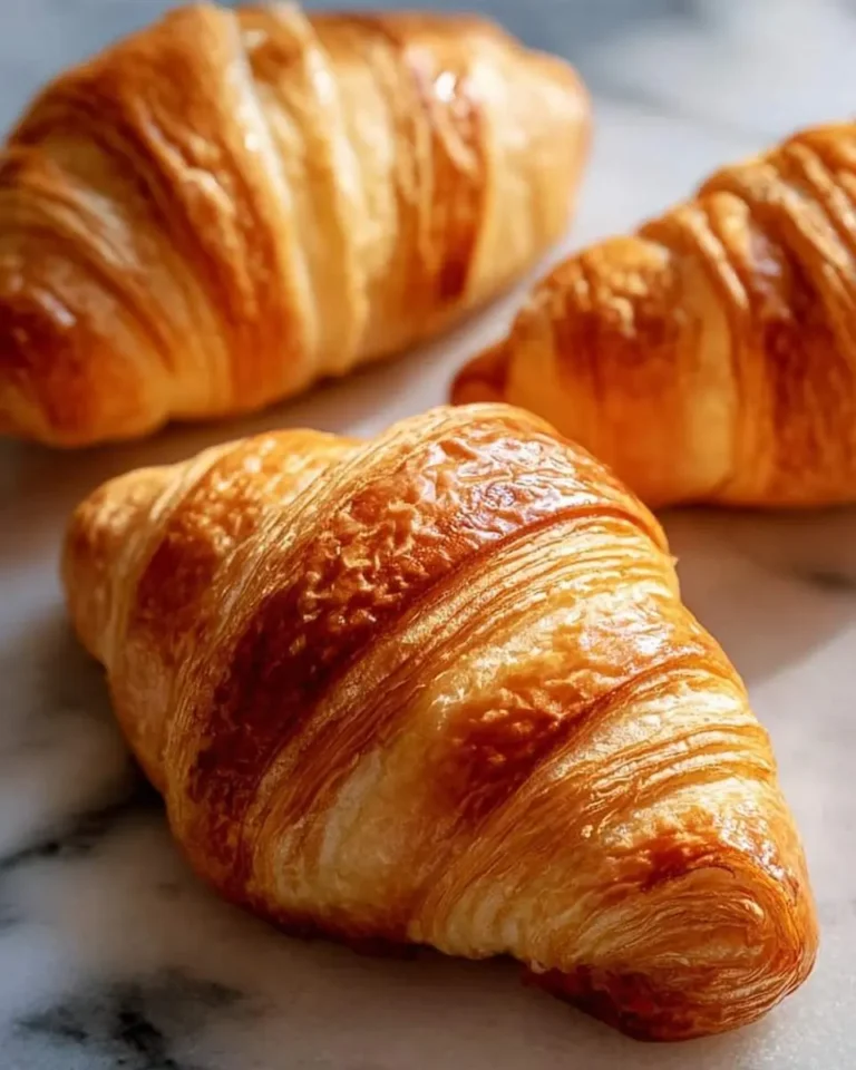 Three golden-brown homemade French croissants resting on a white marble surface, highlighting their flaky texture.