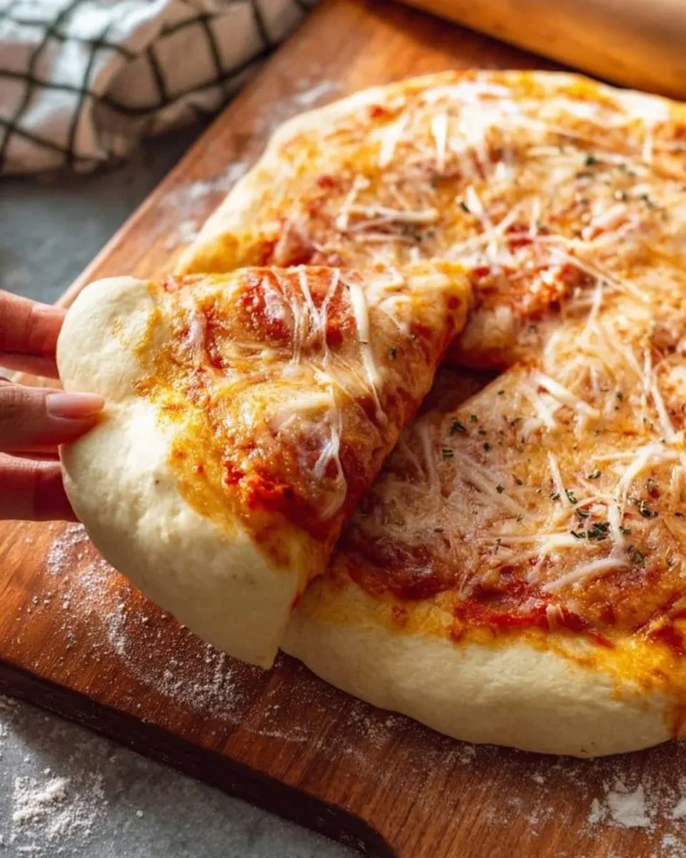 A hand pulls a cheesy slice from a freshly baked pizza, showcasing a soft, thick crust made from delicious Homemade Pizza Dough on a wooden board.