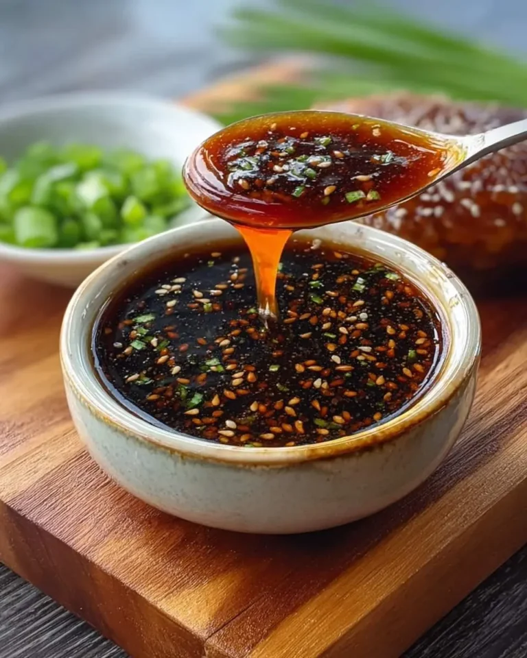 A spoon drizzles rich, glossy Homemade Teriyaki Sauce, garnished with sesame seeds and green onions, into a small bowl on a wooden board.