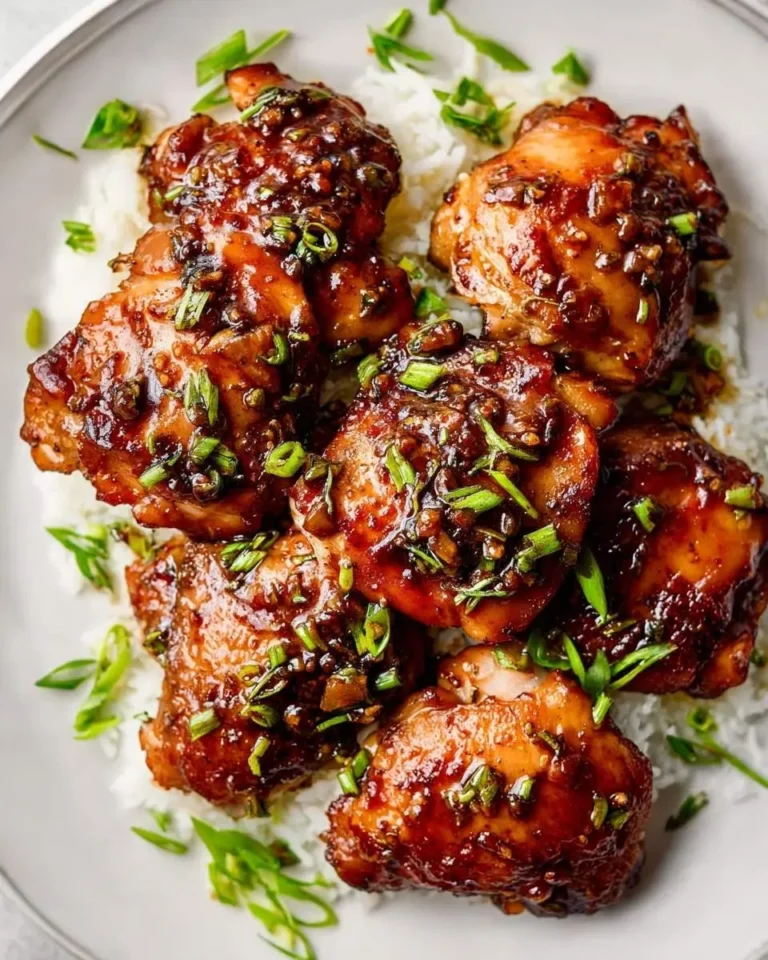 A plate of fluffy white rice topped with several glistening Honey Garlic Chicken Thighs, generously garnished with fresh green onions.