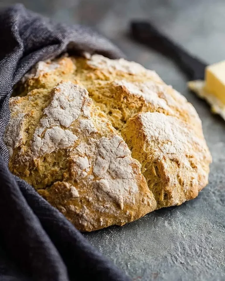 A rustic loaf of freshly baked Irish Soda Bread, dusted with flour and partially wrapped in a dark linen cloth.