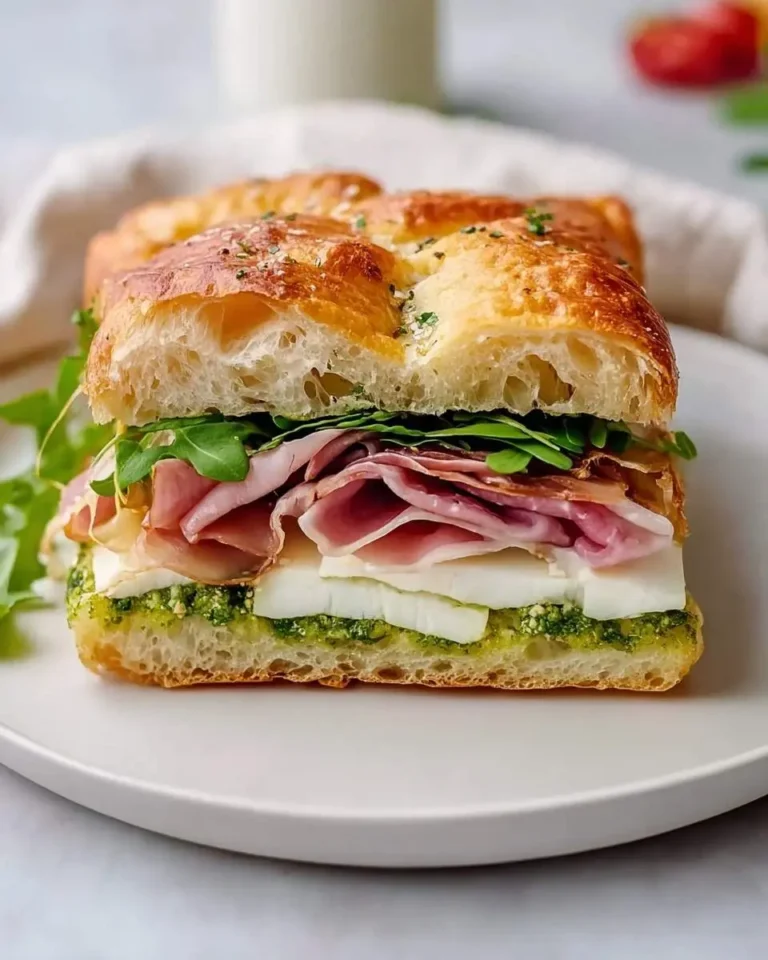 A close-up of a golden-crusted Italian Focaccia Sandwich cut in half, revealing layers of prosciutto, fresh mozzarella, pesto, and arugula.