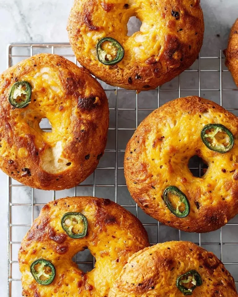 Close-up of several golden-brown jalapeño cheddar bagels with melted cheese and fresh jalapeño slices on a wire cooling rack.