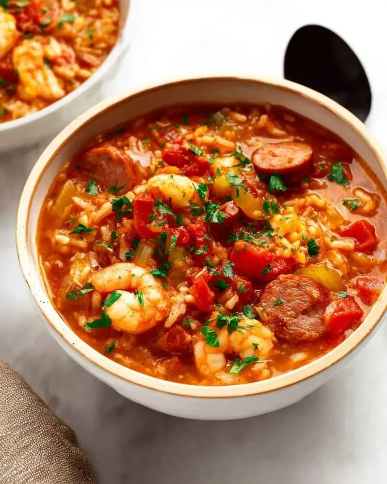 A close-up of a white bowl filled with vibrant Jambalaya Soup, featuring plump shrimp, sliced sausage, rice, and vegetables, garnished with fresh parsley.