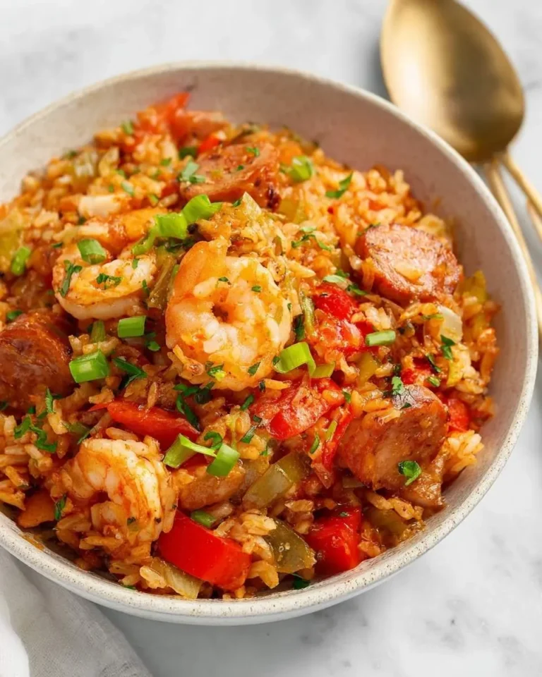 A close-up of a delicious bowl of homemade jambalaya recipe, packed with shrimp, sausage, rice, and colorful vegetables, garnished with fresh green onions.
