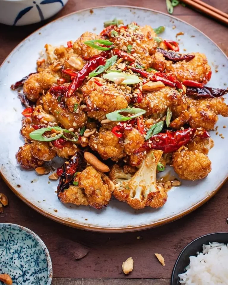 A vibrant plate of crispy Kung Pao Cauliflower topped with red chilies, peanuts, sesame seeds, and green onions.
